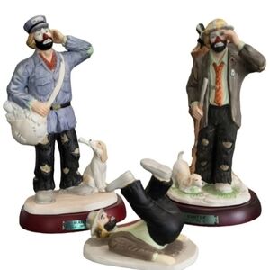 Lot of 3 Flambro Emmitt Kelly Jr. Figurines Hunter, Postman &Tumbler